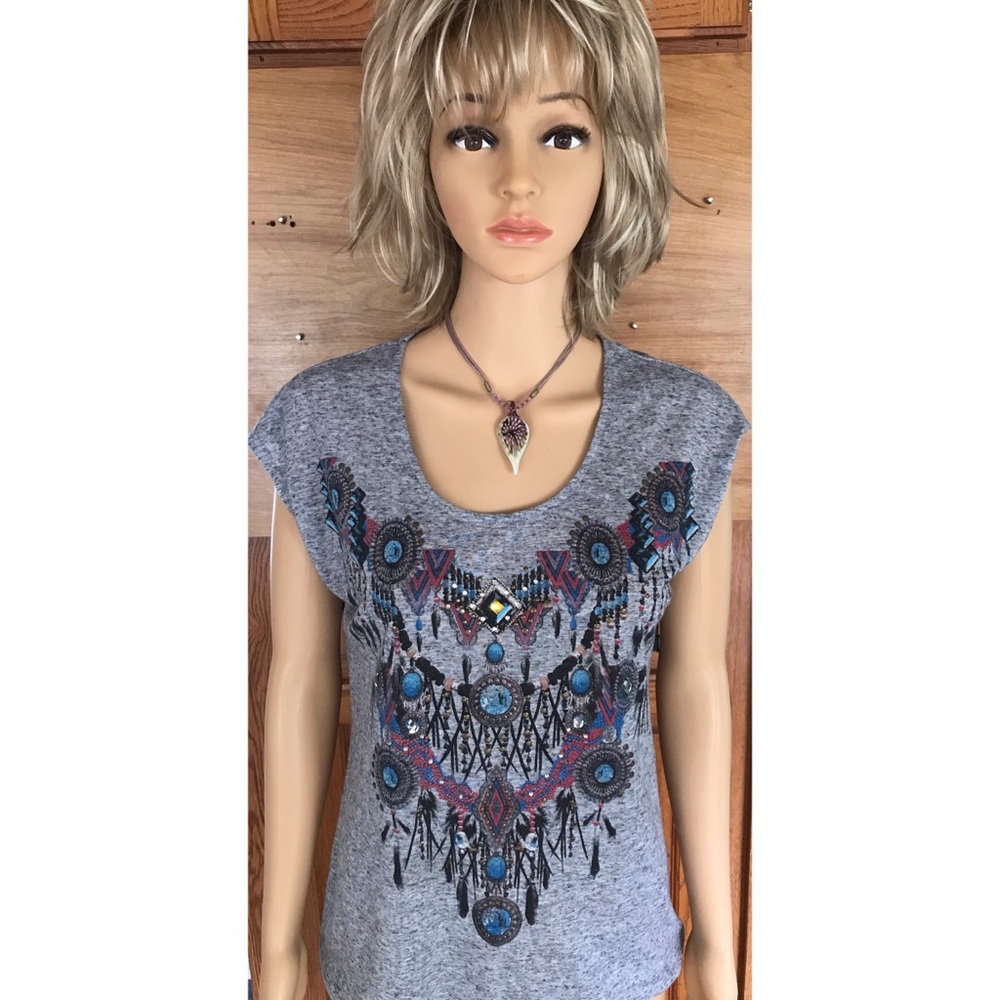 SIGNATURE STUDIO Southwestern Studded Crystal Beaded Tunic Tee Top MEDIUM NEW